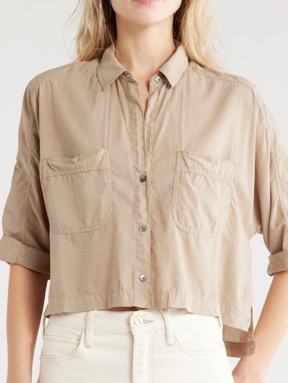 James Perse Size 2 Lawn Cotton Crop Shirt In Overcast Msrp $225
